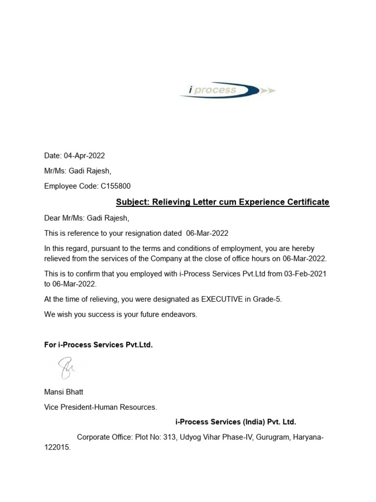 RELIEVING LETTER | PDF