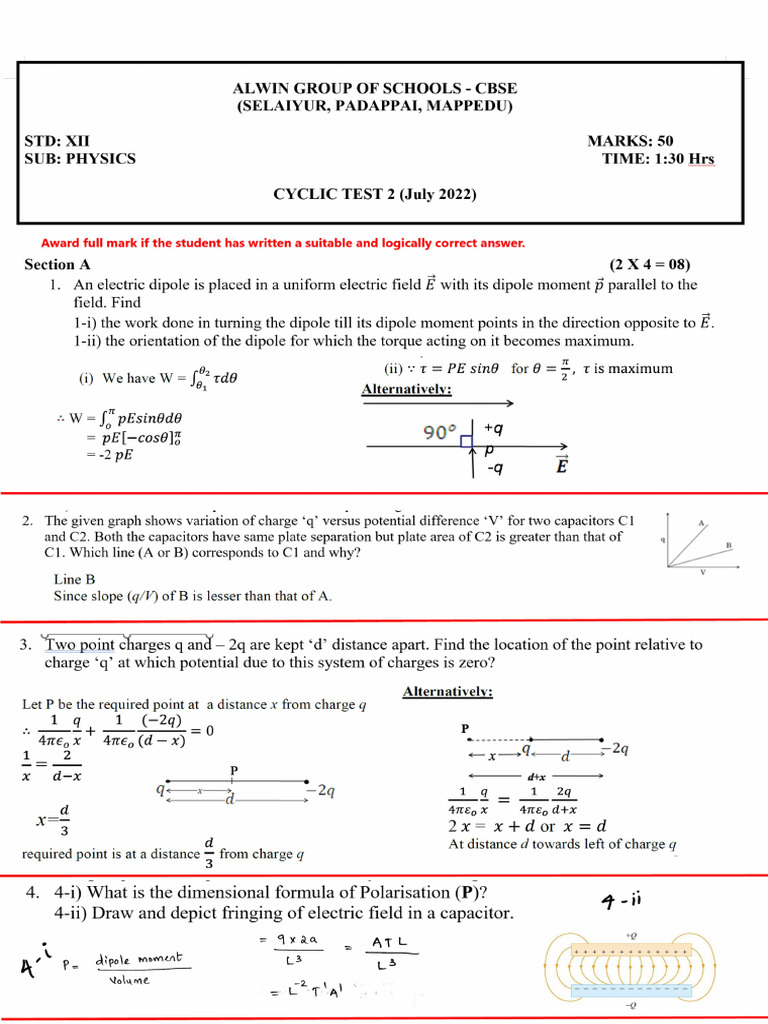 Class 12 Phy Cy 2 (July 2022) CH 2 Answer Key | PDF