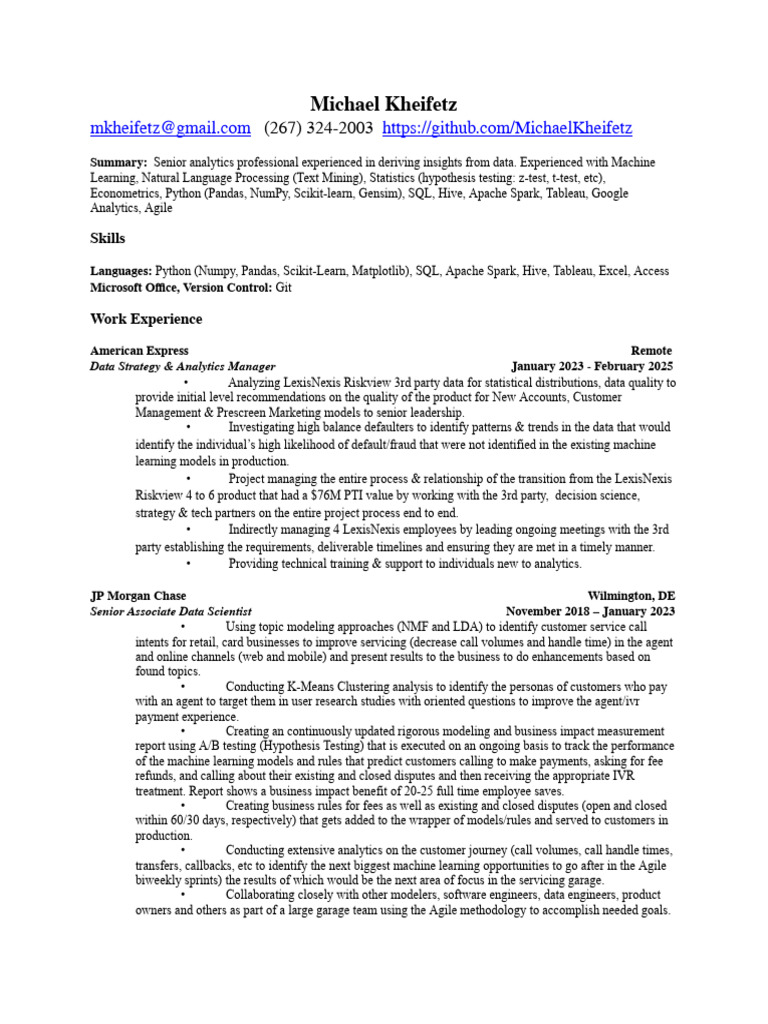 View of Data Science Resume 2.19.25 | PDF | Logistic Regression | Analytics