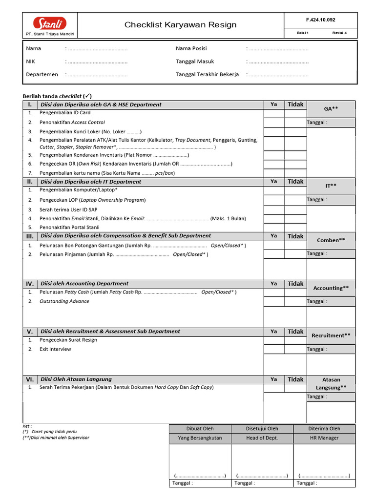 Checklist Exit Clearance Karyawan | PDF