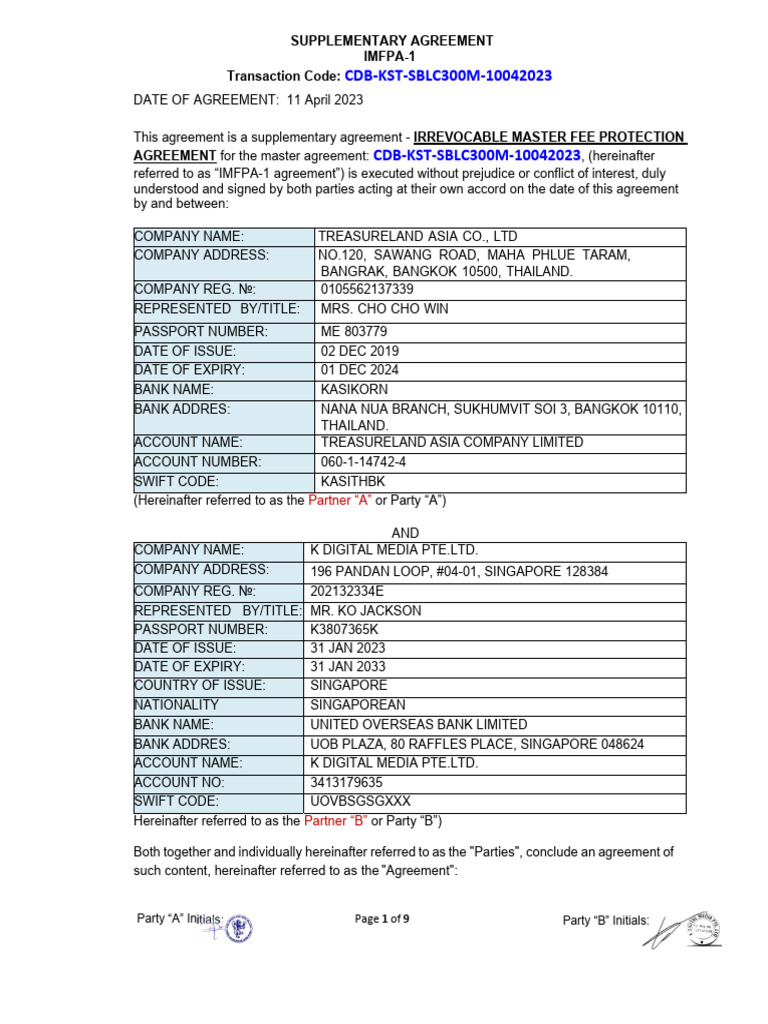 REVIESE - SBLC (34%+2%) - CDBHSBCHK - Supplement - Agreeement - Signed ...