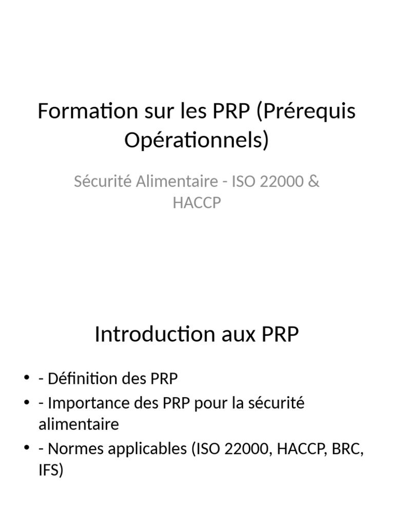 Formation sur les PRP en Sécurité Alimentaire | PDF