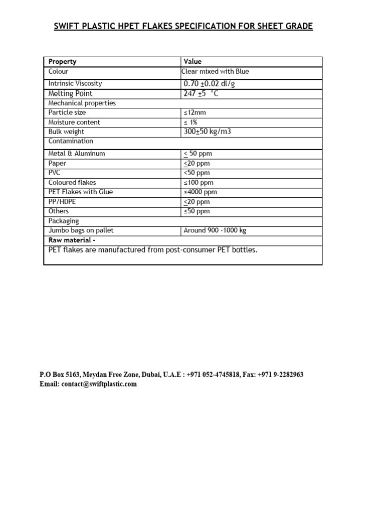 Hpet Flakes Specifications For Sheet Grade | PDF