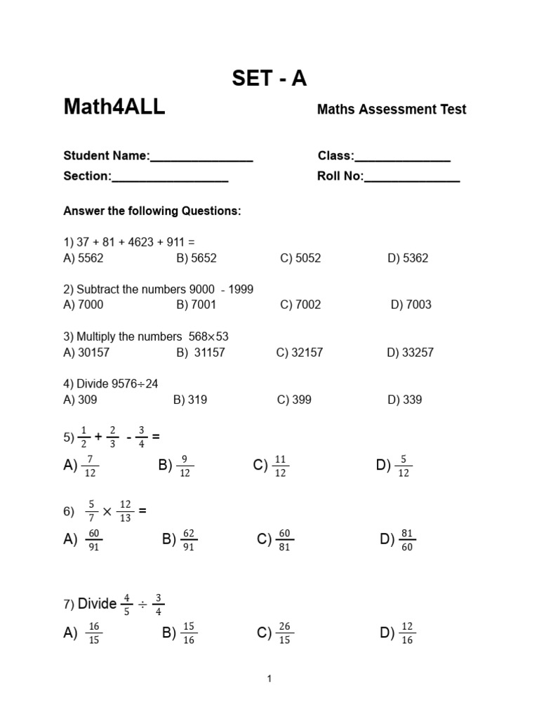 Grade 4 Maths Assessment Paper | PDF