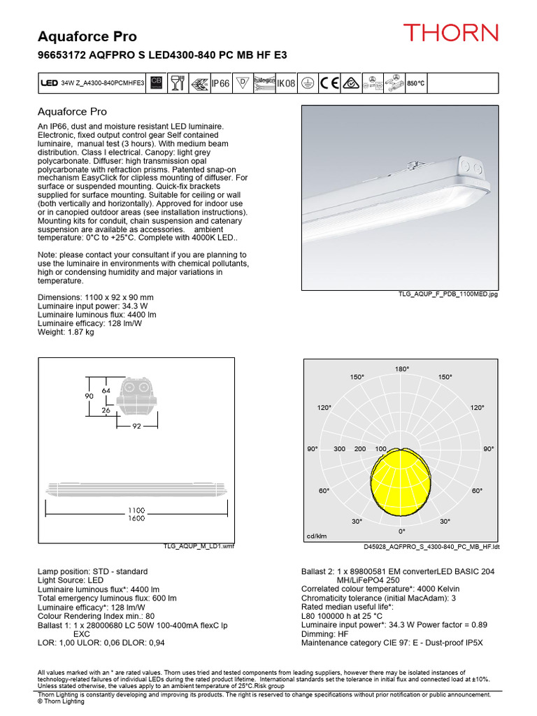 Thorn Aquaforce Pro LED Specifications | PDF | Light Emitting Diode ...