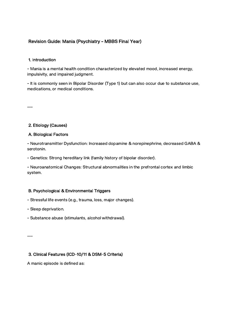 Mania in Psychiatry: MBBS Revision Guide | PDF | Mania | Bipolar Disorder