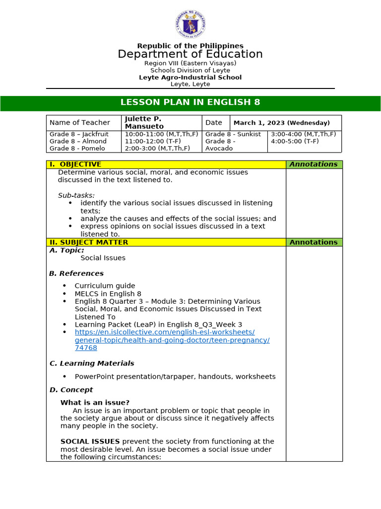 English 8 Lesson Plan on Social Issues | PDF | Teenage Pregnancy ...