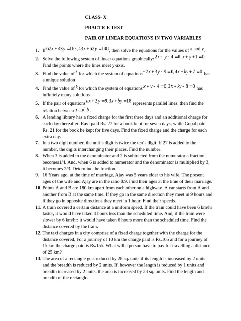 Practice Test Linear Equation in Two Variable | PDF | Equations | Length