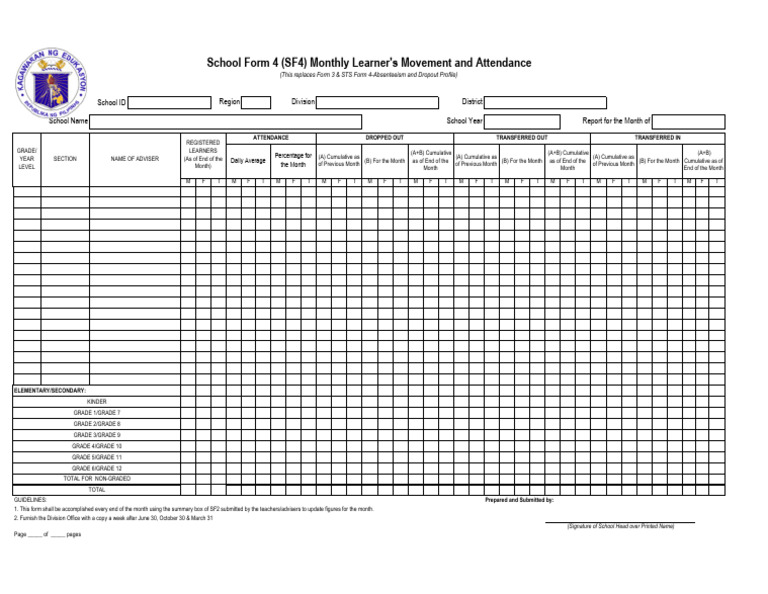SF4 Monthly Learner Attendance Form | PDF