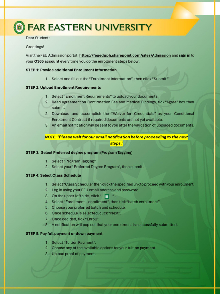 FEU Enrollment Steps for 2024-2025 | PDF
