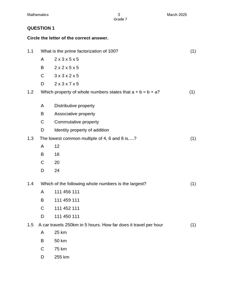 Grade 7 Mathematics Exam Paper 2025 | PDF | Elementary Mathematics ...