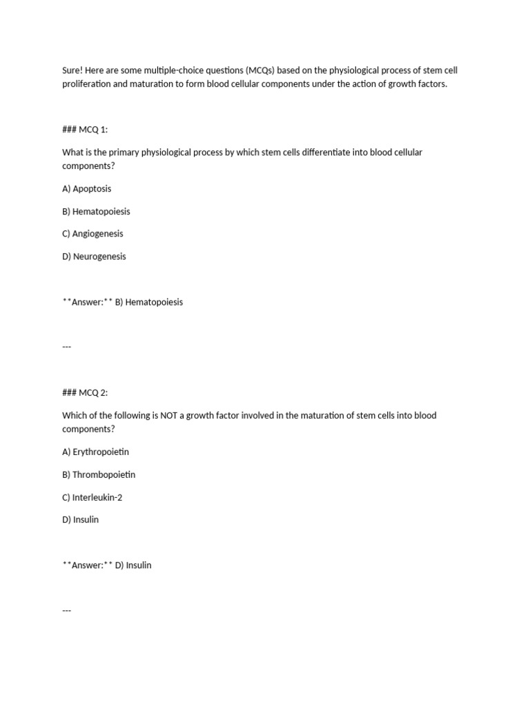 Stem Cell MCQs on Hematopoiesis | PDF