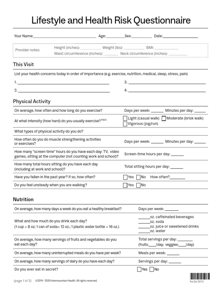 Lifestyle and Health Risk Questionnaire | PDF | Weight Loss | Human ...