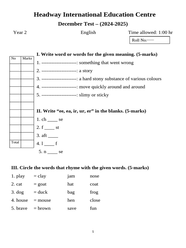 Year-2 December Test (2024-2025) | PDF | Verb | Morphology