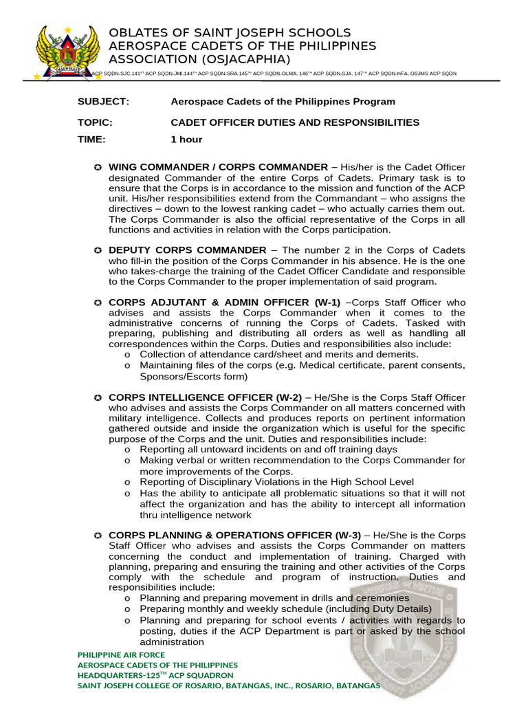 Cadet Officer Roles and Responsibilities | PDF | Sergeant | Staff ...
