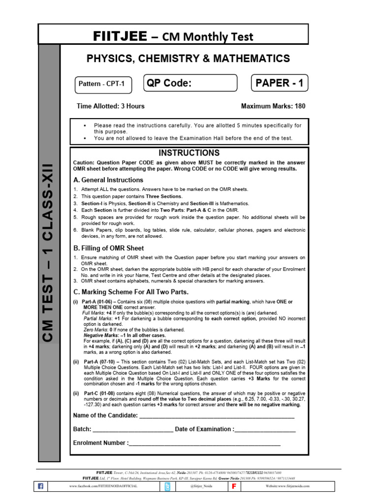 FIITJEE Class XII CM Test Instructions | PDF | Capacitor | Multiple Choice