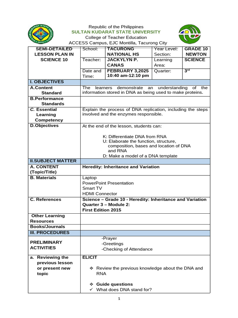 Science 10 Lesson Plan: DNA & RNA | PDF | Dna | Rna