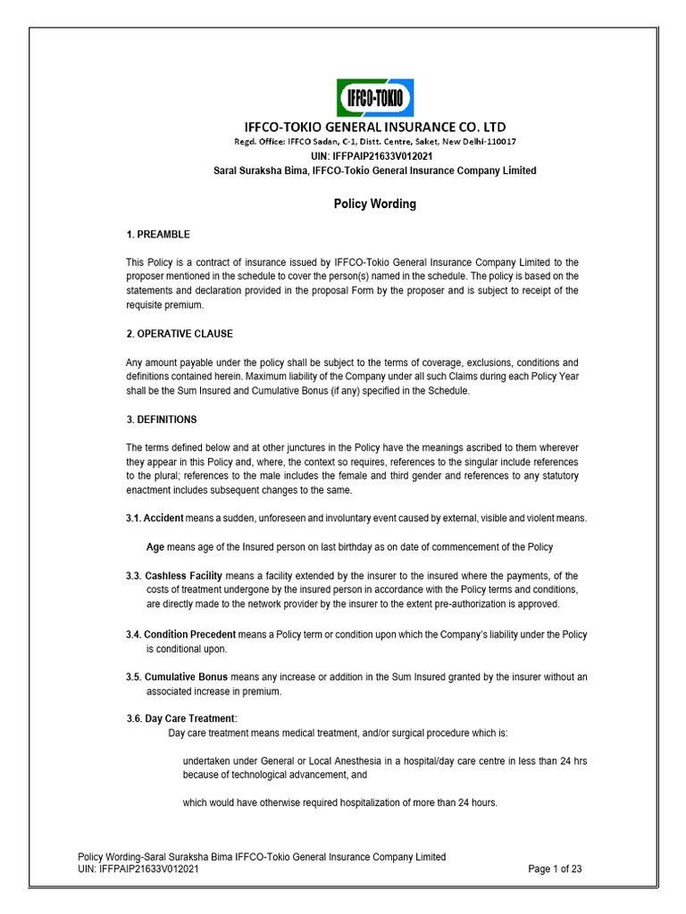 Saral Suraksha Bima Policy Wording | PDF | Intensive Care Unit | Insurance