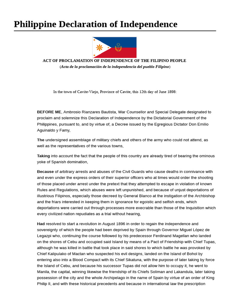 Philippine Independence Proclamation 1898 | PDF | Spanish East Indies ...