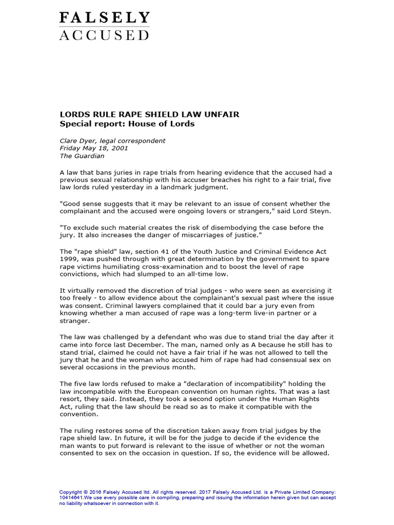 Lords Rule Rape Shield Law Unfair | PDF | Rape | Criminal Law
