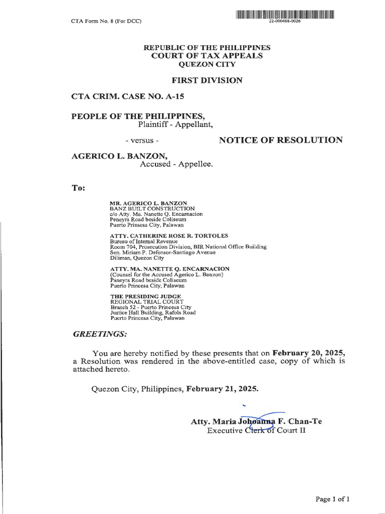 Resolution on CTA Case A-15 Appeal | PDF | Appeal | Courts