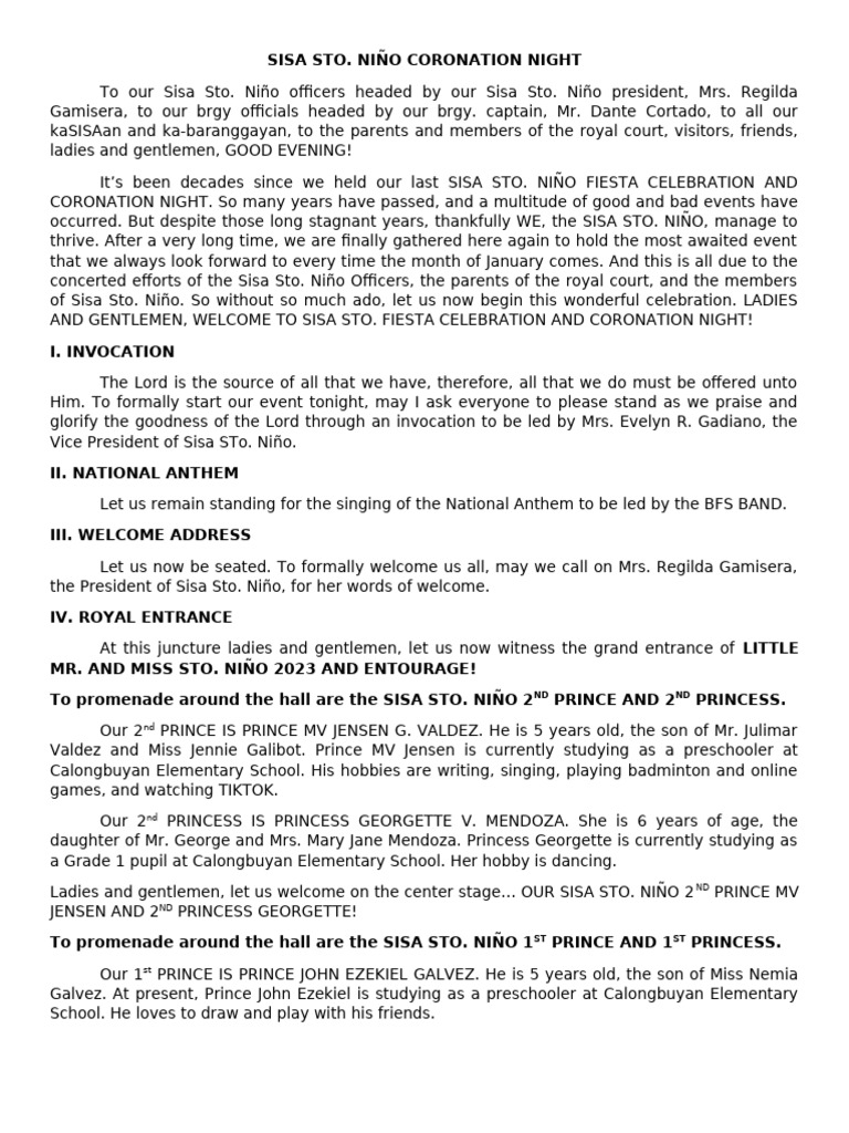 Sisa Sto. Niño Coronation Night Program | PDF | Monarchy