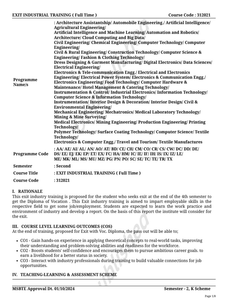 Exit Industrial Training Guidelines | PDF | Engineering