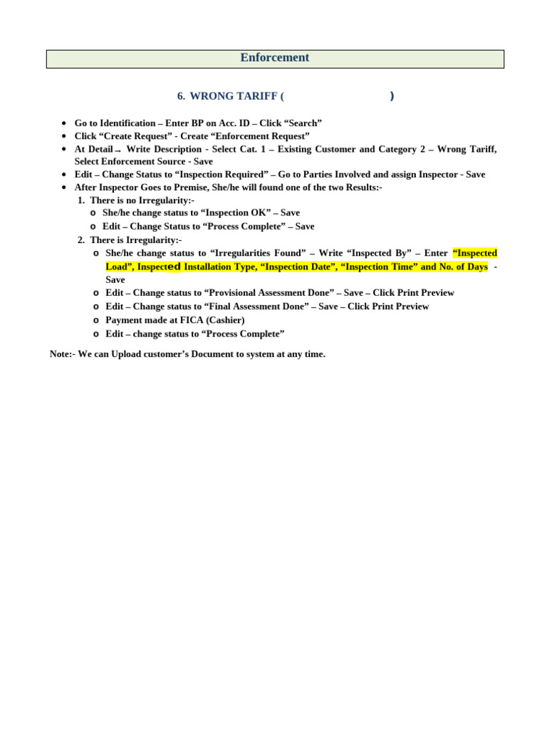 Enforcement Process for Wrong Tariff | PDF
