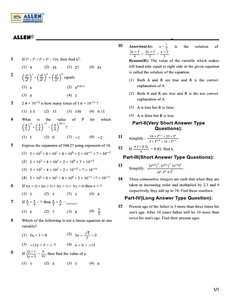 Maths - Class-8 Worksheet - Exponents and Powers, LETV | PDF