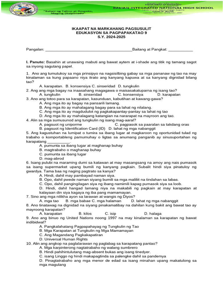 FINAL ESP9 EXAMINATION Q2 ANSWER KEY WITH TOS 38 Days | PDF