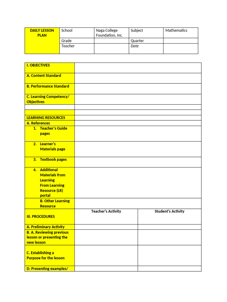 Daily Lesson Plan for Mathematics | PDF