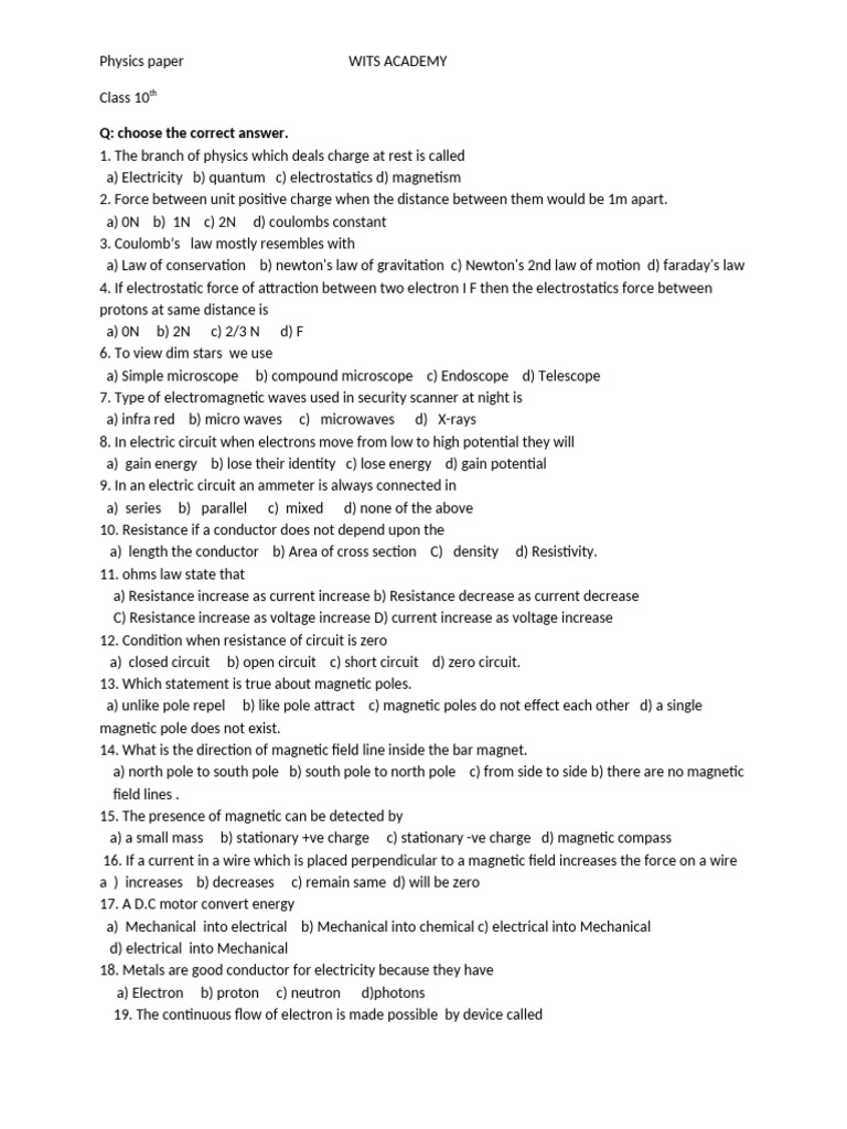 Class 10 Physics Quiz on Electrostatics | PDF | Electron | Force