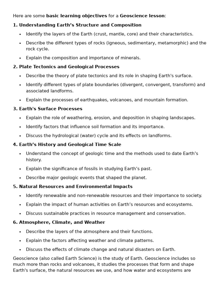 Here are some basic learning objectives for a geoscience lesson pdf