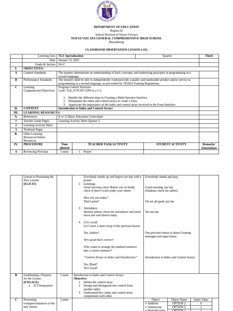 TLE Programming Lesson Plan for Grade 9 | PDF | Learning | Computing