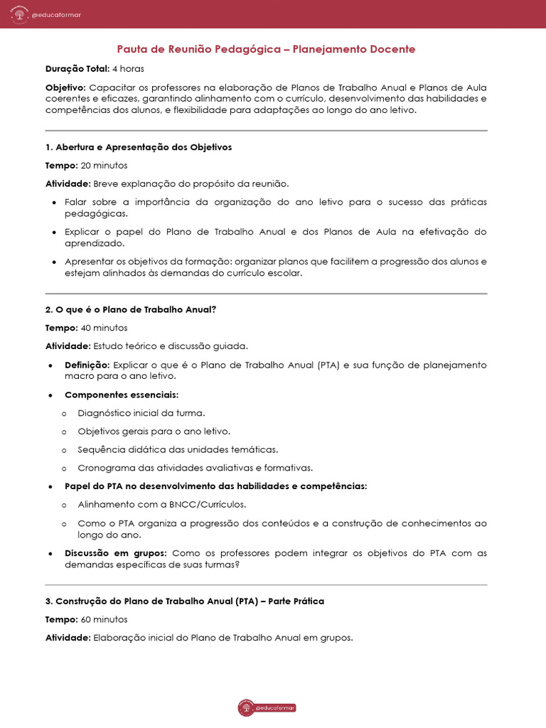 Planejamento Docente: PTA e Planos de Aula | PDF | Lição | Pedagogia