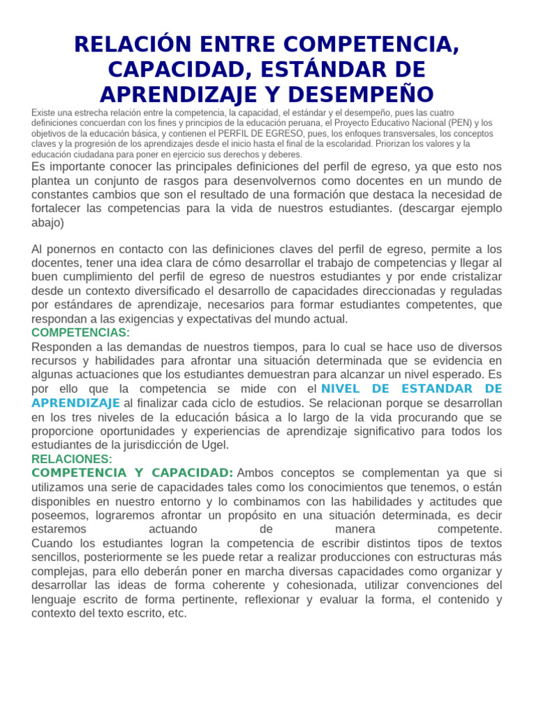 Competencia y Estándares en Educación | PDF | Aprendizaje | Plan de ...