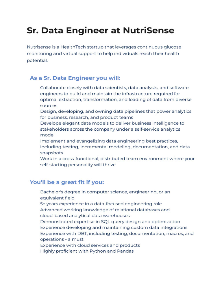 Sr. Data Engineer Role at NutriSense | PDF | Data | Cloud Computing