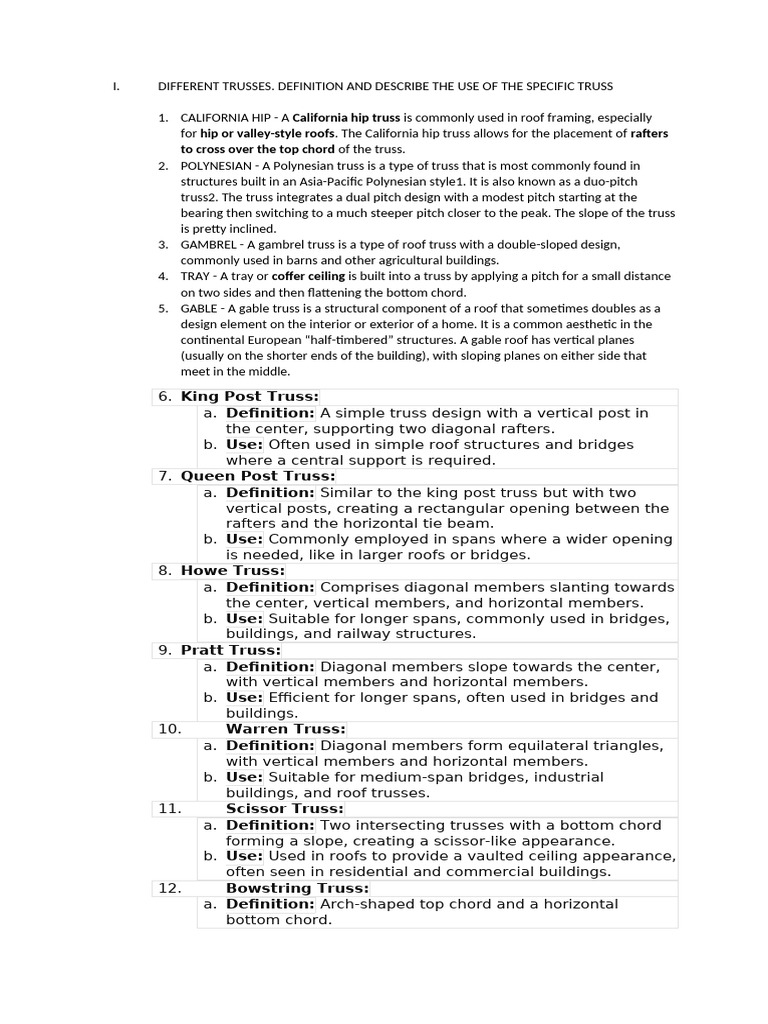 Different Trusses | PDF | Truss | Structural Engineering