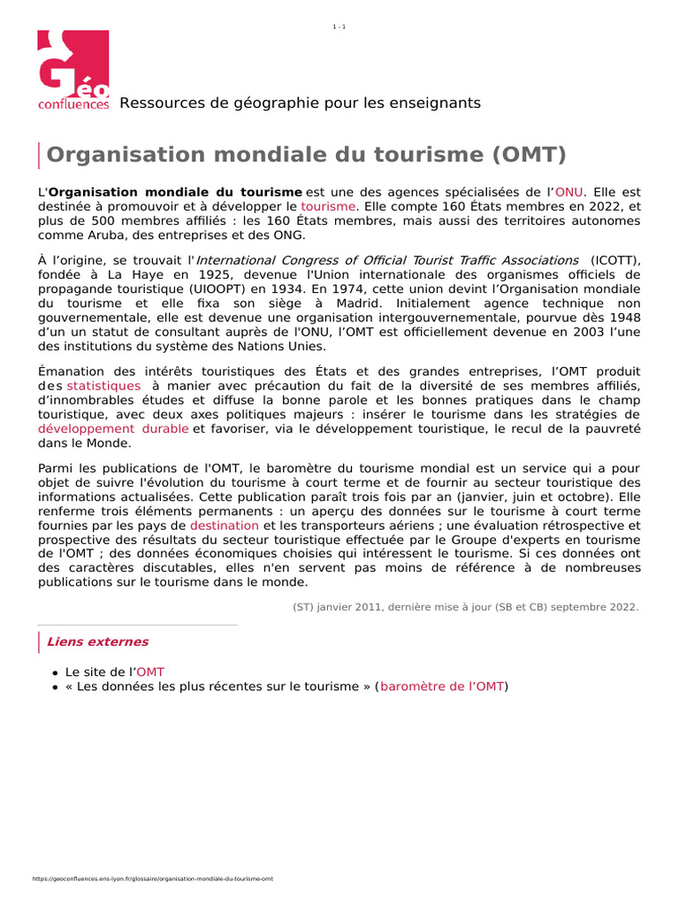 Organisation Mondiale du Tourisme (OMT) | PDF