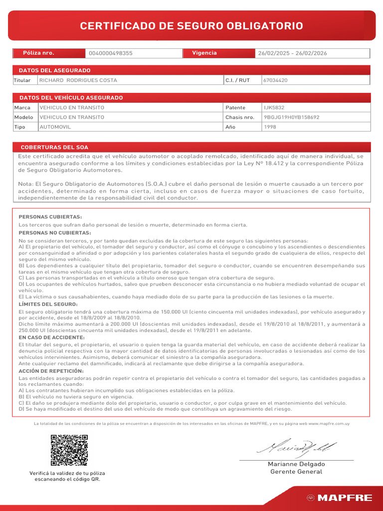 Certificado de Seguro Obligatorio 2025 | PDF | Seguro | Póliza de seguros