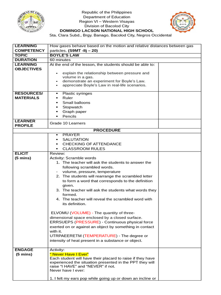 Boyle's Law Lesson Plan for Grade 10 | PDF | Gases | Temperature