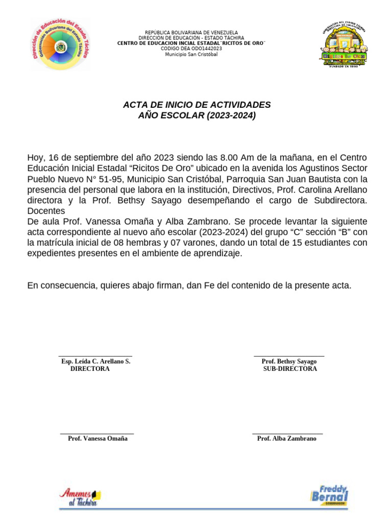 Acta de Inicio Año Escolar 2023-2024 | PDF