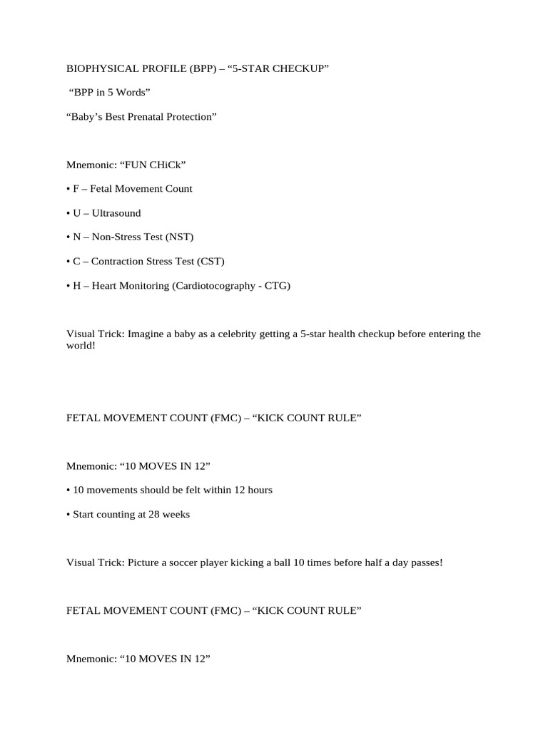 Mnemonics for Biophysical Profile (BPP) | PDF | Pregnancy | Childbirth