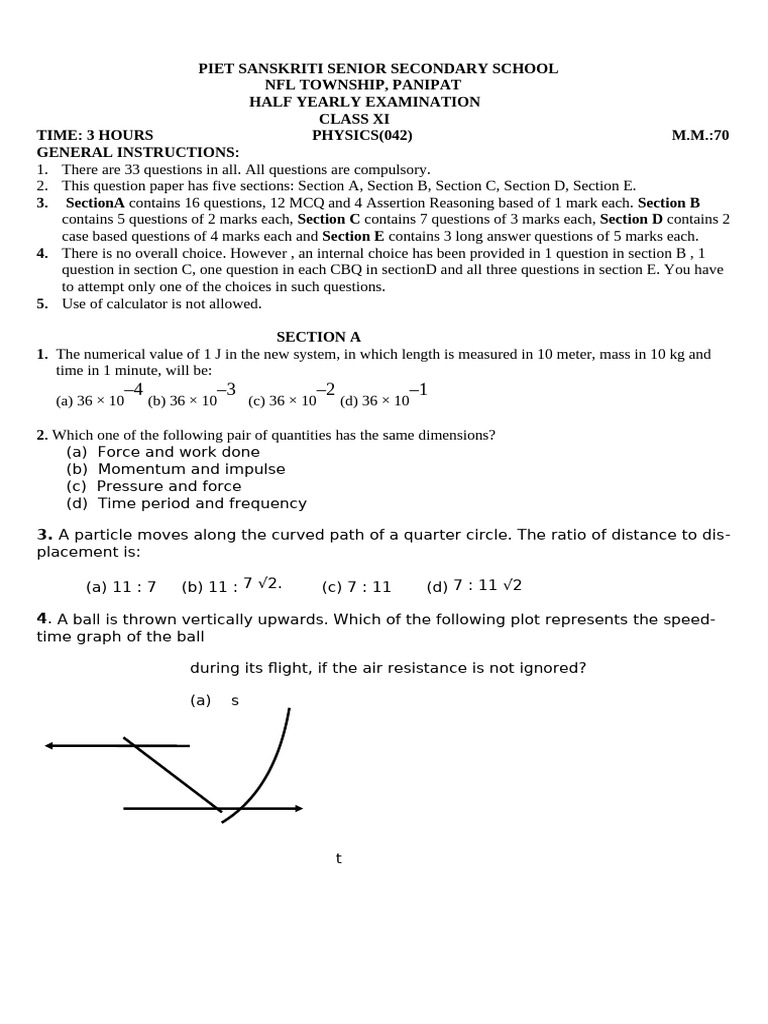 Class XI Physics Half-Yearly Exam Paper | PDF | Force | Acceleration