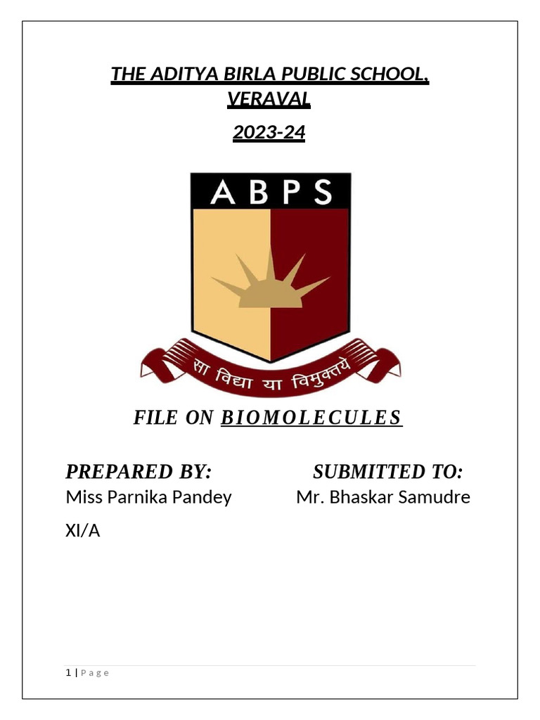 THE Aditya Birla Public School, Veraval 2023-24: Fileon Biomolecules ...