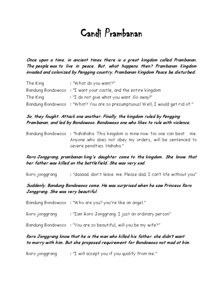 Teks Drama Roro Jonggrang Dalam Bahasa Inggris Terkait Teks