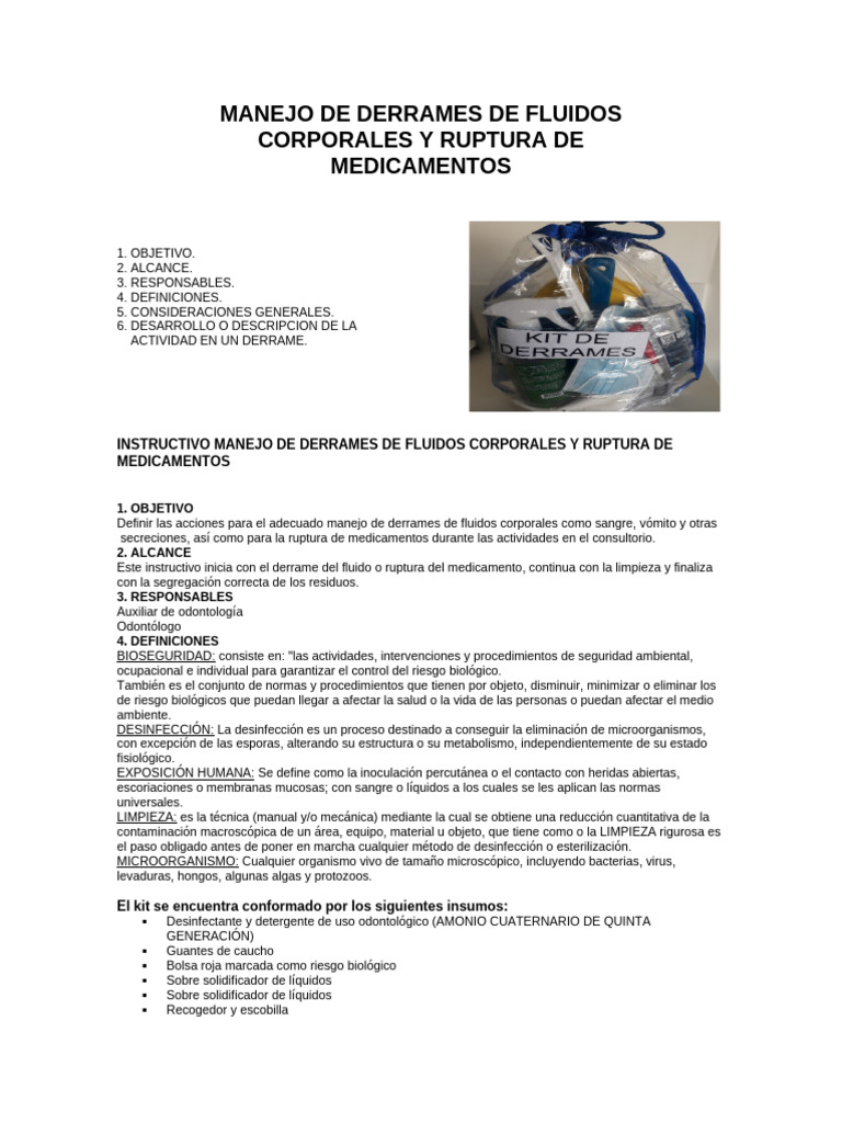 MANEJO DE DERRAMES DE FLUIDOS CORPORALES Y MEDICAMENTOS | PDF ...