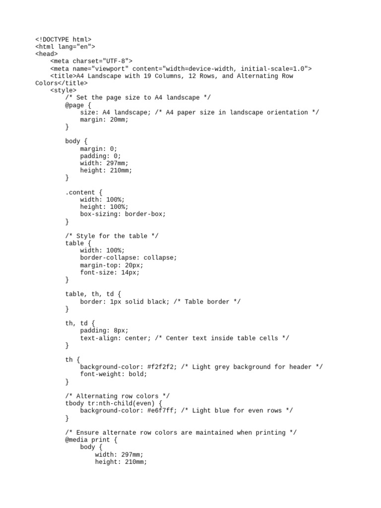 A4 Landscape Table: 19 Columns, 12 Rows | PDF