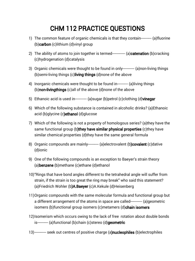 CHM 112 Organic Chemistry Practice Questions | PDF | Functional Group ...