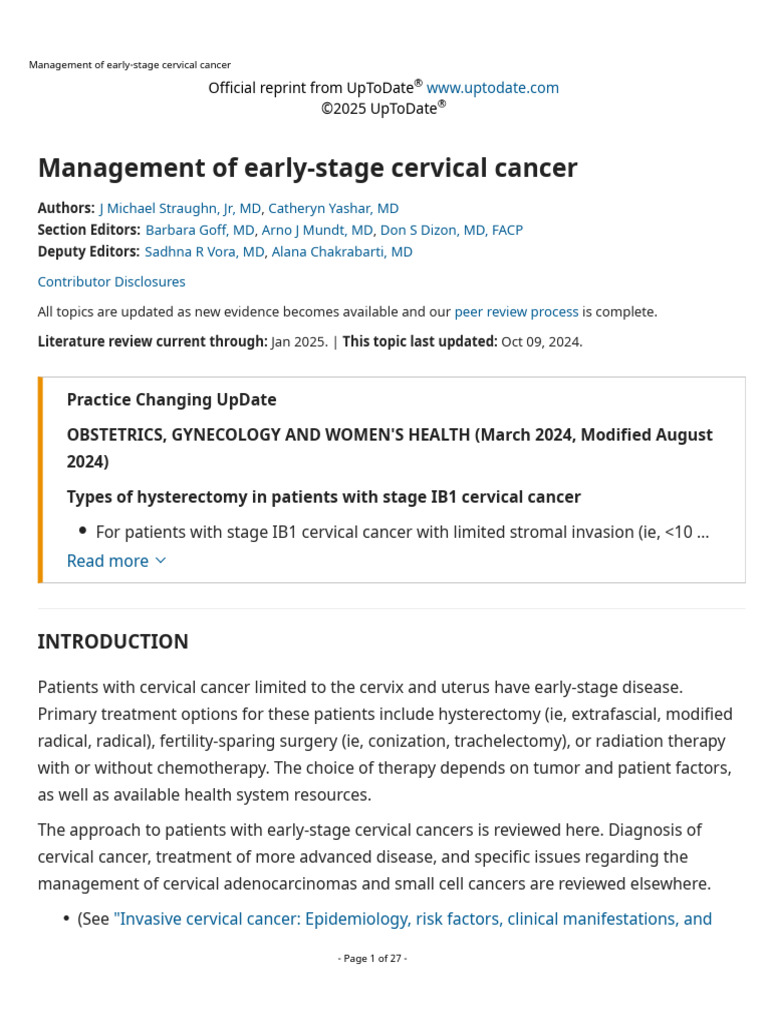 Management of Early-Stage Cervical Cancer | PDF | Cervical Cancer ...
